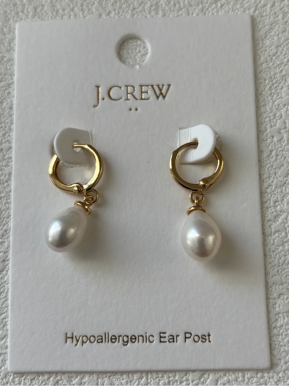 New J. Crew Gold Hoop Earrings with White Pearl Drops